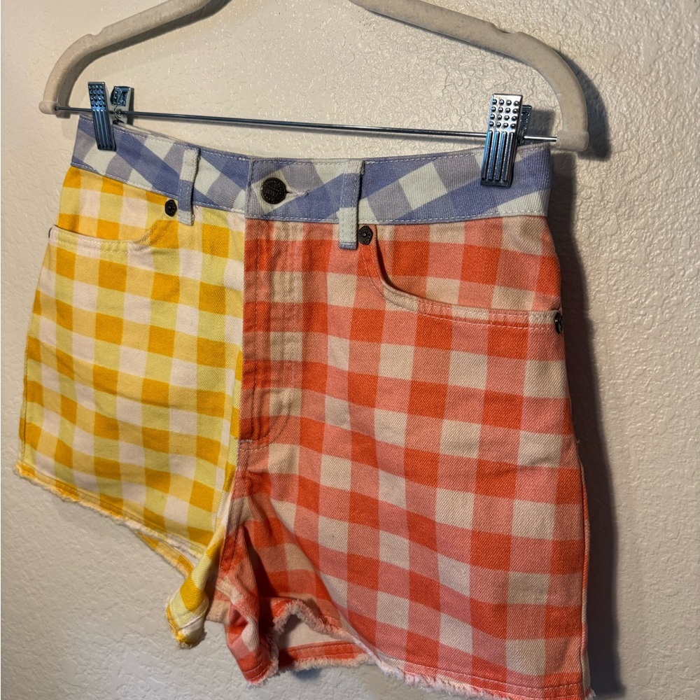 Farm Rio X Anthropologie Colorful Gingham High Waist Cut Off Denim Shorts Small - Picture 5 of 7